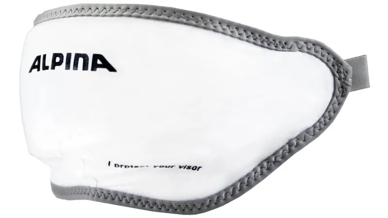 Weißes Alpina Visierschutz Cover mit grauer Einfassung und Gummiband. "I protect your visor" Aufdruck.