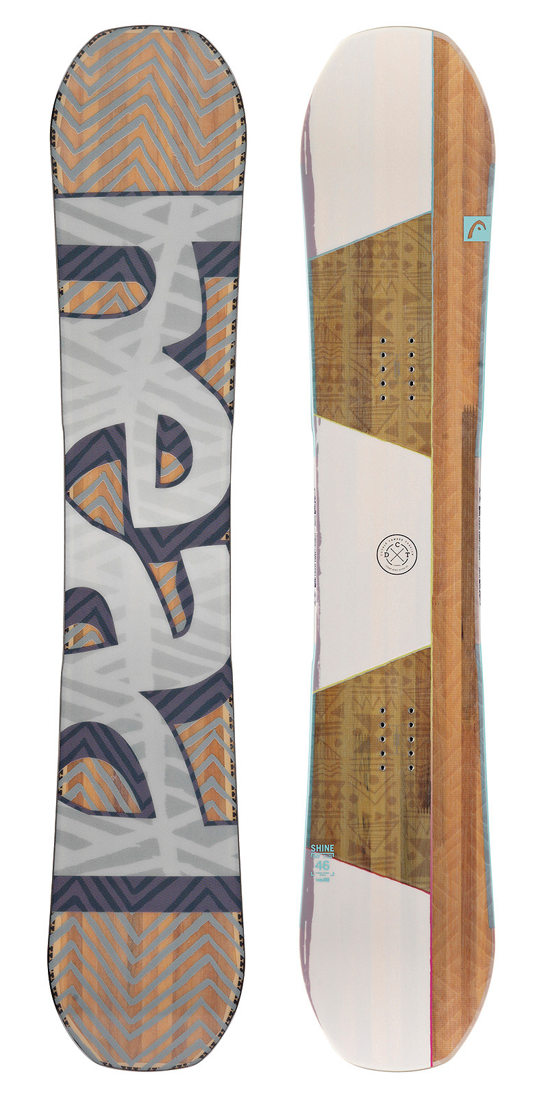 Zwei Head Shine Snowboards nebeneinander, unterschiedliche Designs auf Ober- und Unterseite.