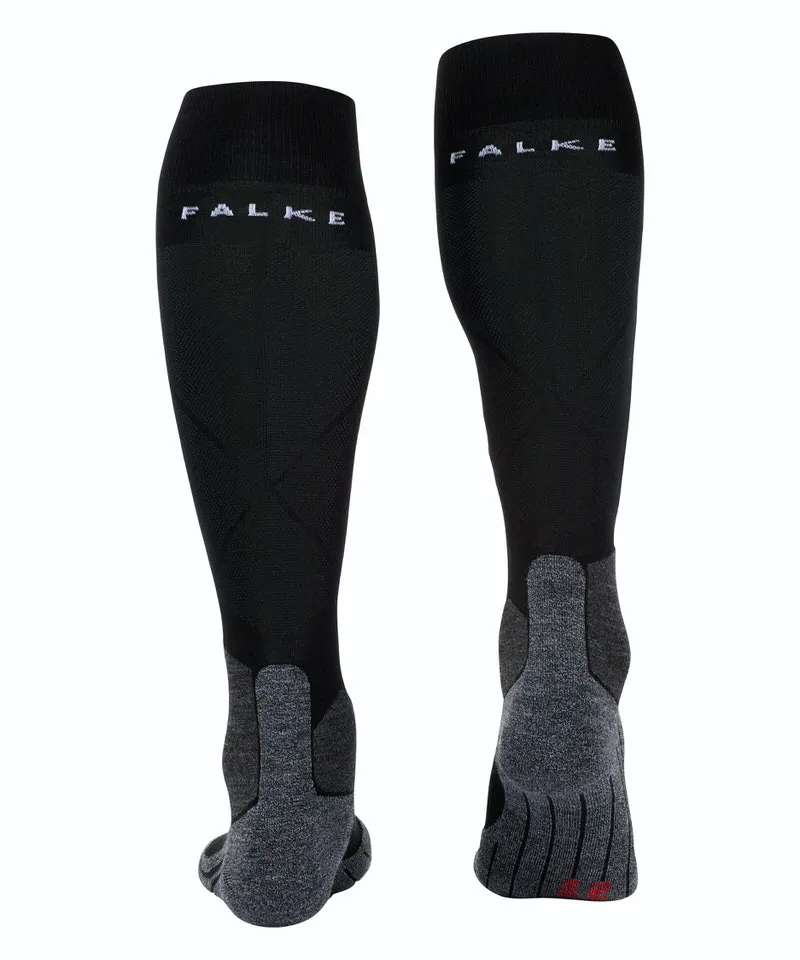 Zwei schwarze Falke SK5 Skiing Kniestrümpfe, von hinten gezeigt, mit grauer Verstärkung am Fuß.