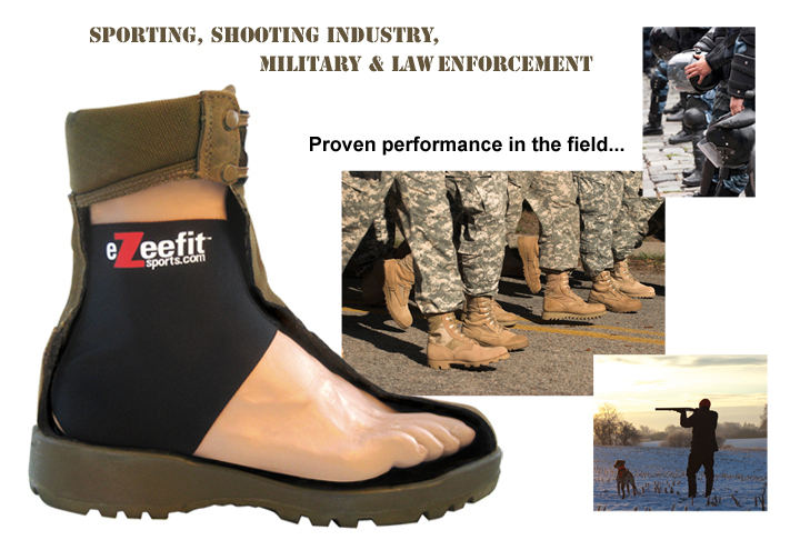 Ezeefit – die ultimative Blasenlösung für jedes Abenteuer Schuh mit Fußbett für Sport, Militär und Strafverfolgung, daneben Soldatenstiefel, Polizisten und Jäger mit Hund.