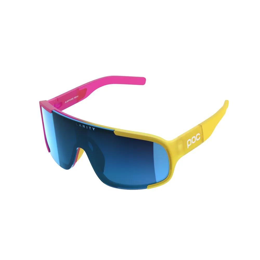 POC Aspire Mid Brille mit gelben Rahmen, pinken Bügeln und blauen Gläsern von schräg vorne.