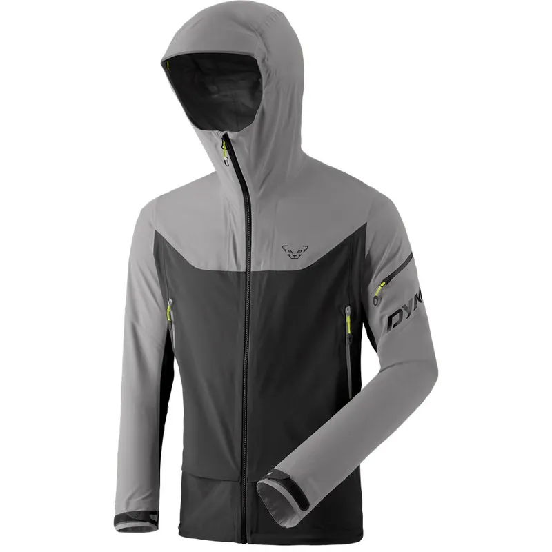 Graue Dynafit Beast Hybrid Herren Jacke mit Kapuze, Frontreißverschluss und Taschen.