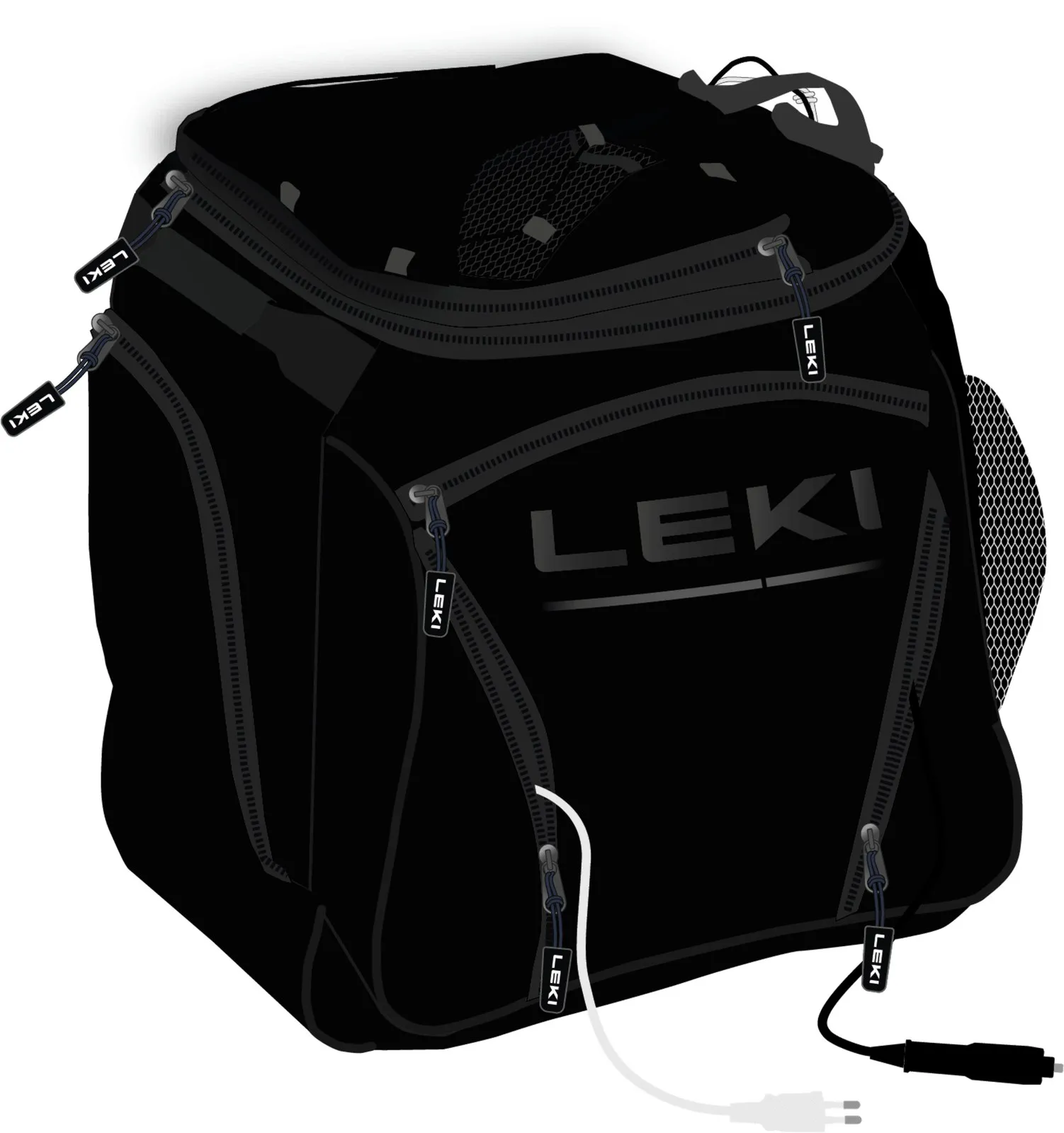 Schwarze Leki Bootbag Hot Tasche mit Reißverschlüssen, Kabel und Leki Logo.