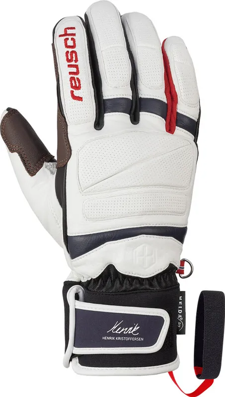 Weißer Reusch Henrik Kristoffersen Signature Lederhandschuh mit roten Akzenten.