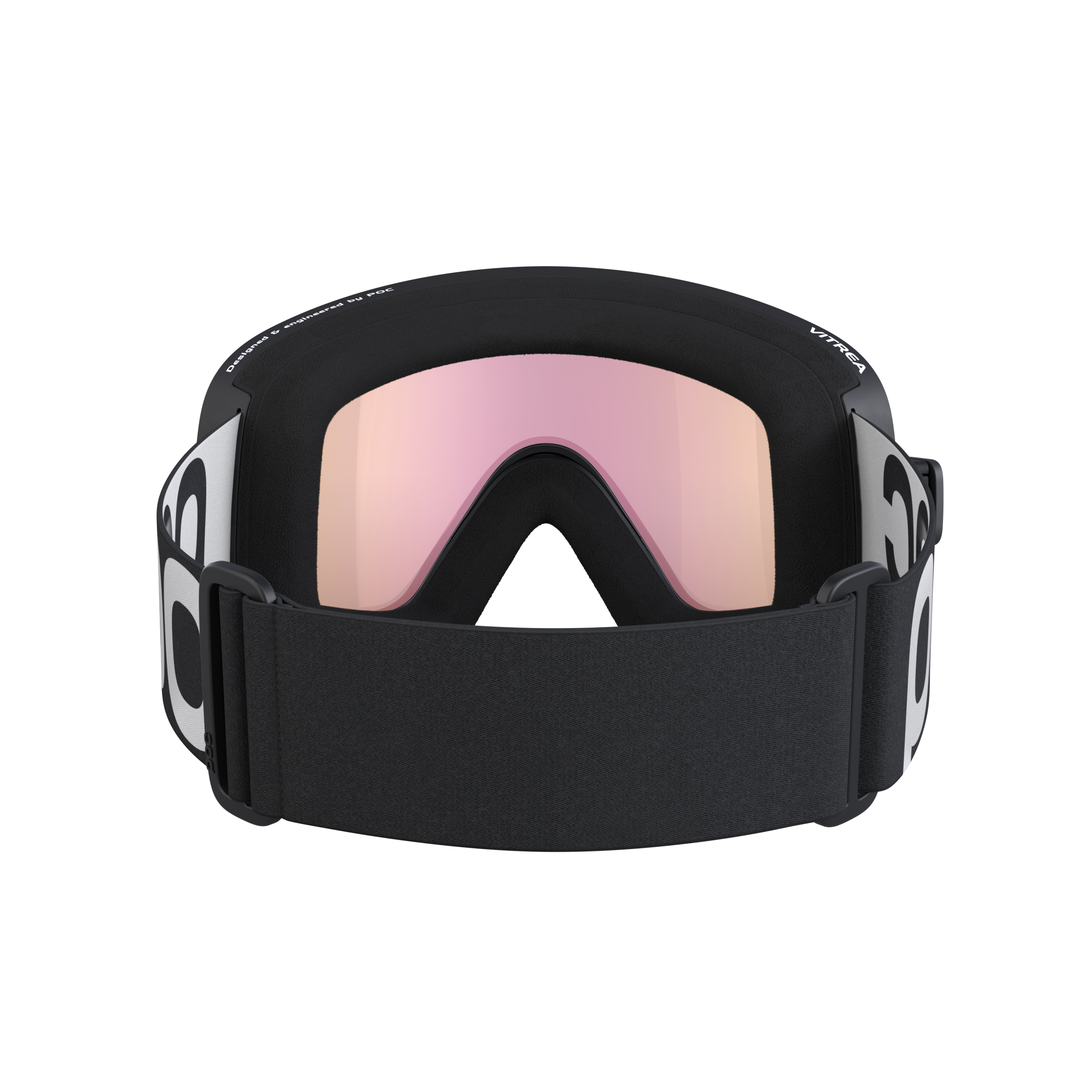 Frontale Ansicht der schwarzen POC Vitrea Skibrille mit orangefarbenen Gläsern und weißem Logo auf dem Band.