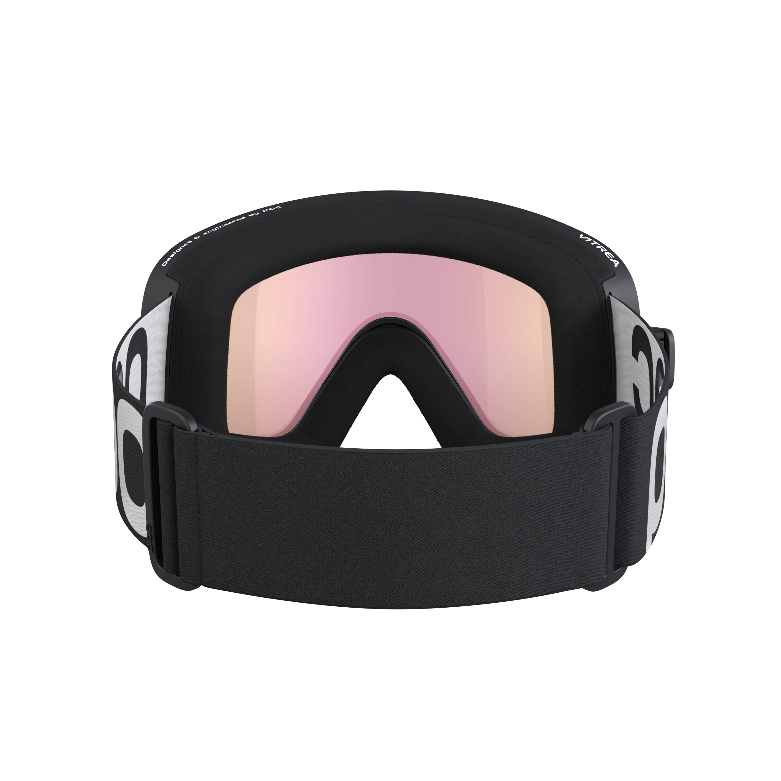 Frontale Ansicht der schwarzen POC Vitrea Skibrille mit orangefarbenen Gläsern und weißem Logo auf dem Band.