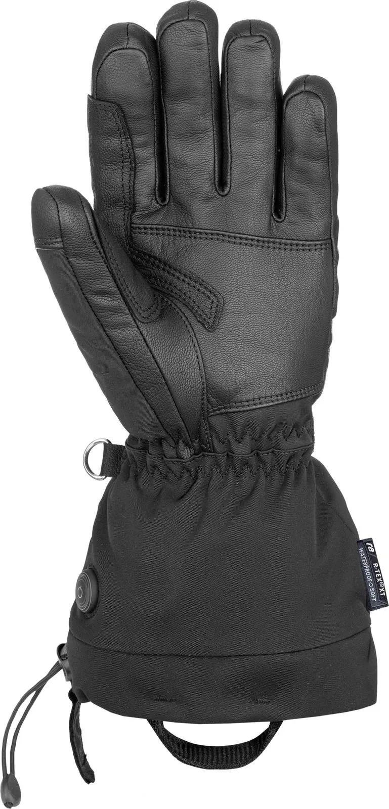Schwarzer Reusch Instant Heat r-tex XT beheizbarer Skihandschuh, Handfläche aus Leder, Bündchen aus Stoff, Knopf für Heizstufen.