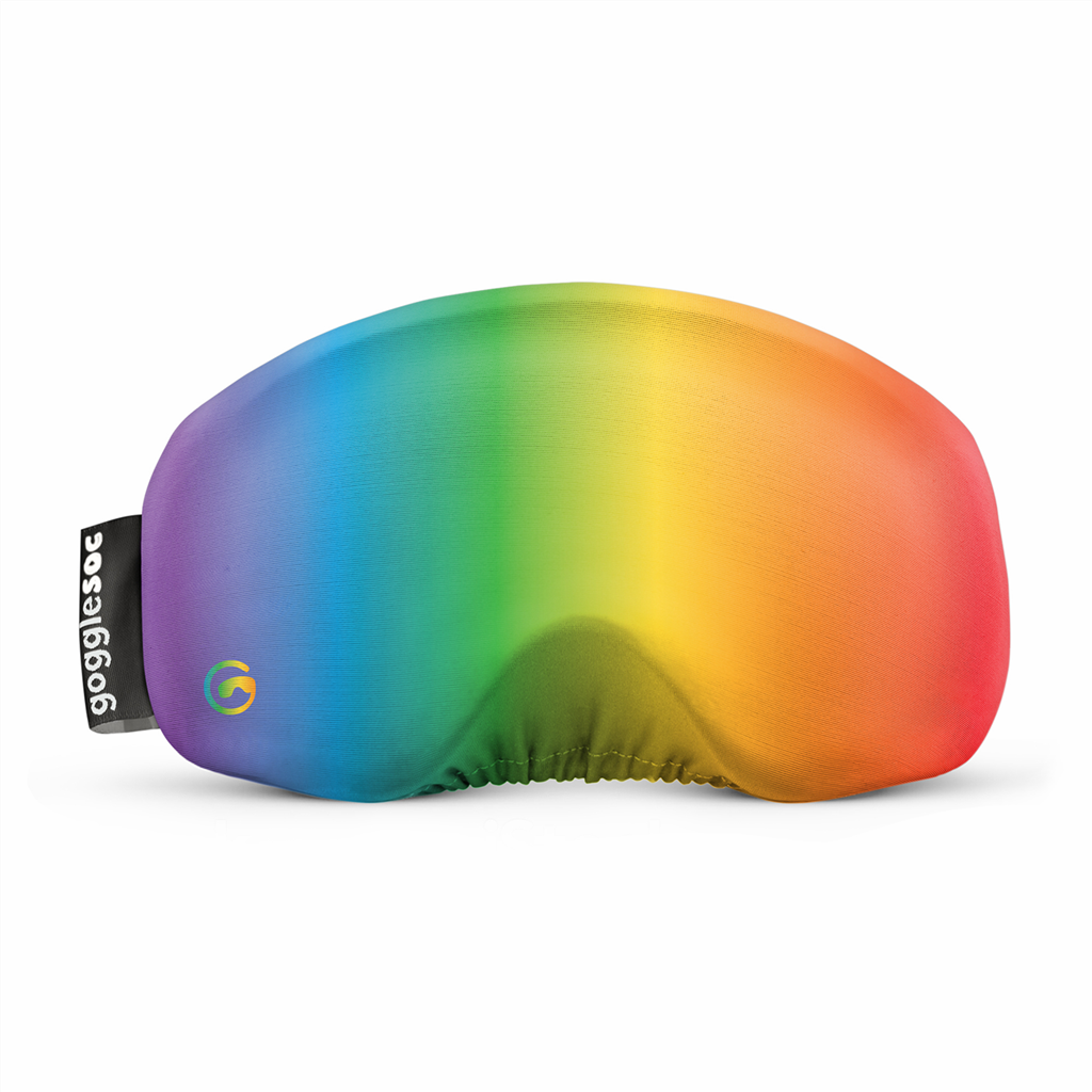 Pride-Skibrillenhülle Skibrillen-Schutzhülle in Regenbogenfarben, Pride Soc, mit Gogglesoc-Logo.
