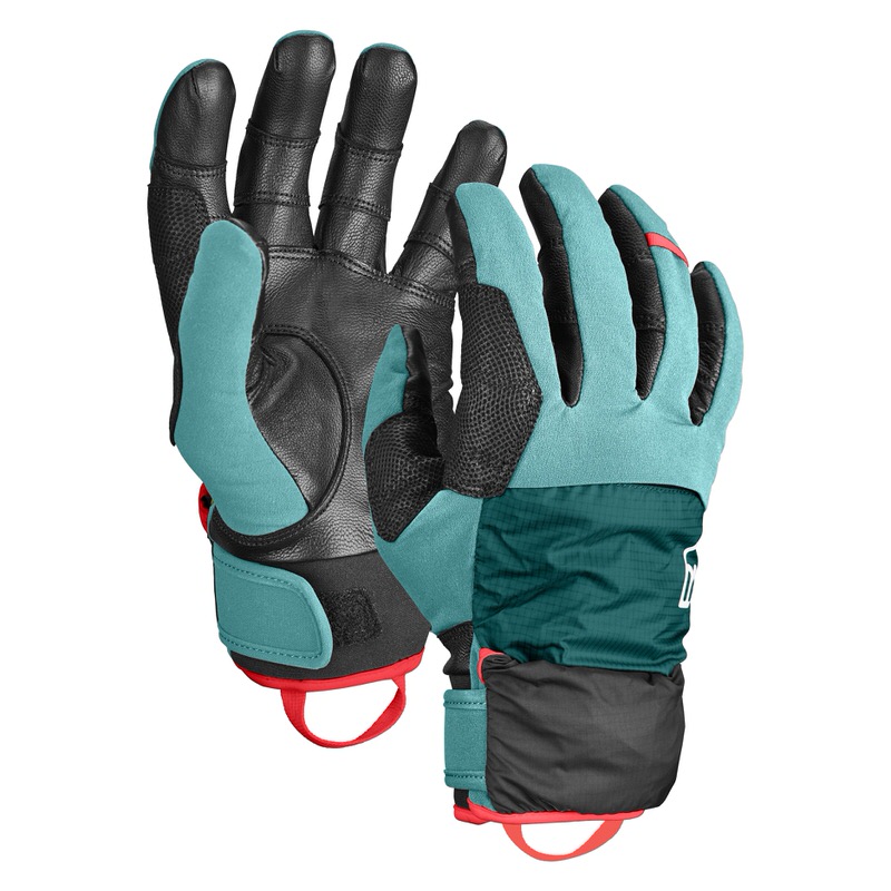 Zwei Ortovox Tour Pro Cover Gloves W Ice Waterfall, einer mit Innenhand, einer mit Außenmaterial.