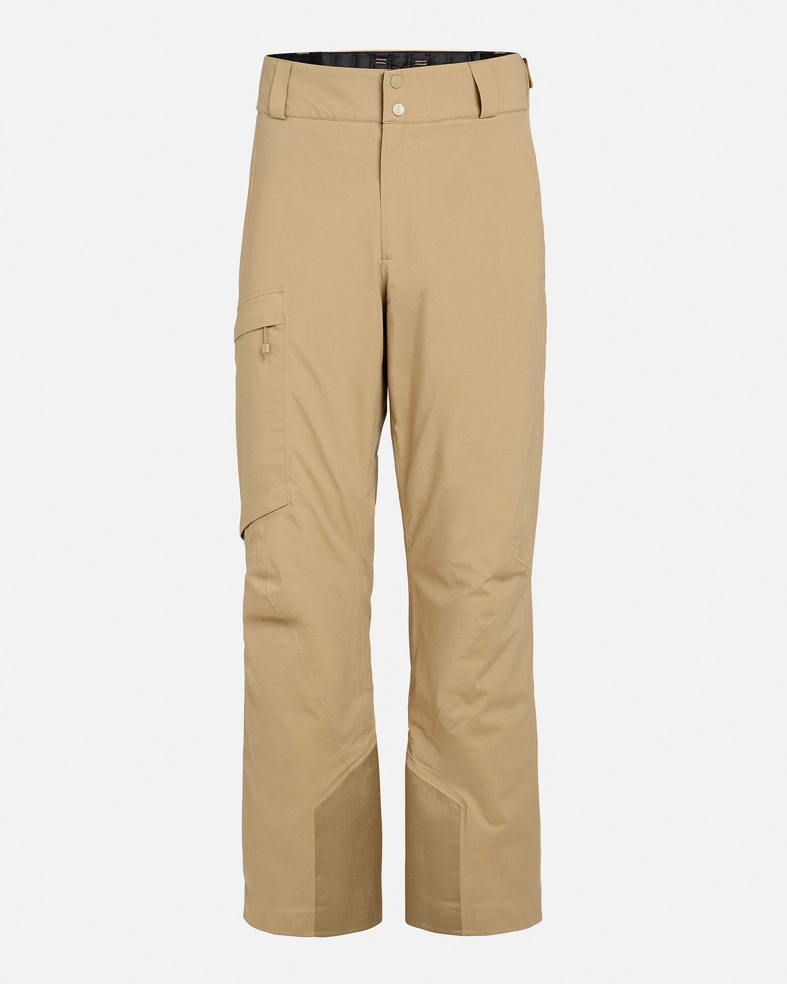 Sandfarbene P-1 GORE-TEX 2L Stretch Insulated Hose von vorne. Beintasche links, verstärkte Beinenden.
