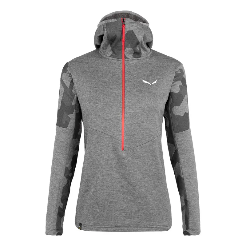 Graue Salewa Boe Alpine Merino Kapuzenjacke für Damen mit rotem Reißverschluss und Tarnmuster an Ärmeln und Kapuze.