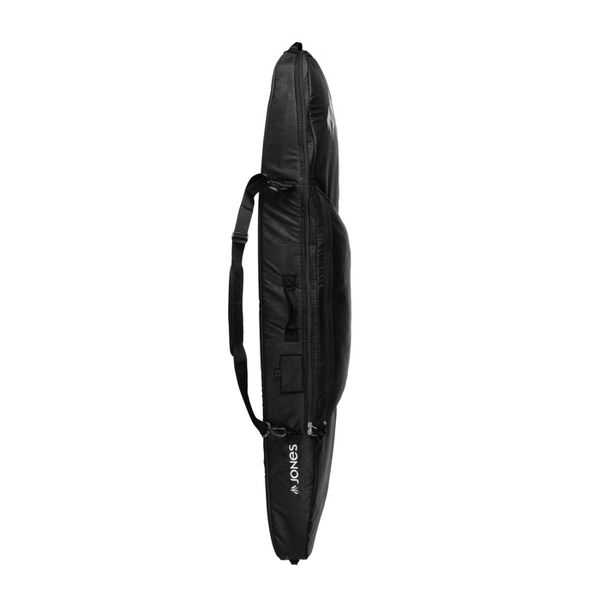 Schwarze Snowboardtasche Schwarze Jones Board Bag Escape Snowboardtasche, stehend mit Tragegurt.