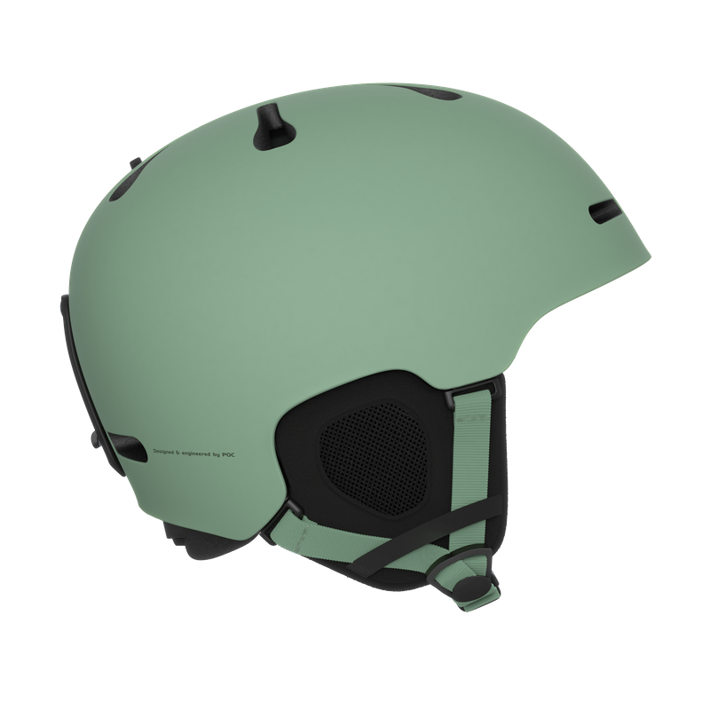 Matten-grüner Skihelm Matten-grüner Skihelm mit schwarzem Innenfutter und Belüftungsöffnungen.