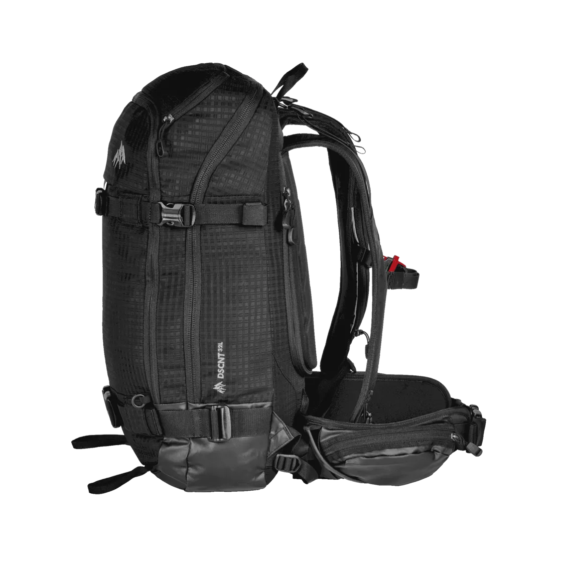 Schwarzer Jones DSCNT 32L Rucksack von der Seite, mit Tragegurten, Reißverschlüssen und Schnallen.