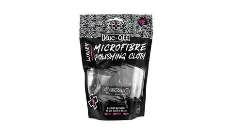 Verpackte Muc-Off Microfaser Poliertuch für eBike Reinigung im Kit, schwarz-weißes Design.