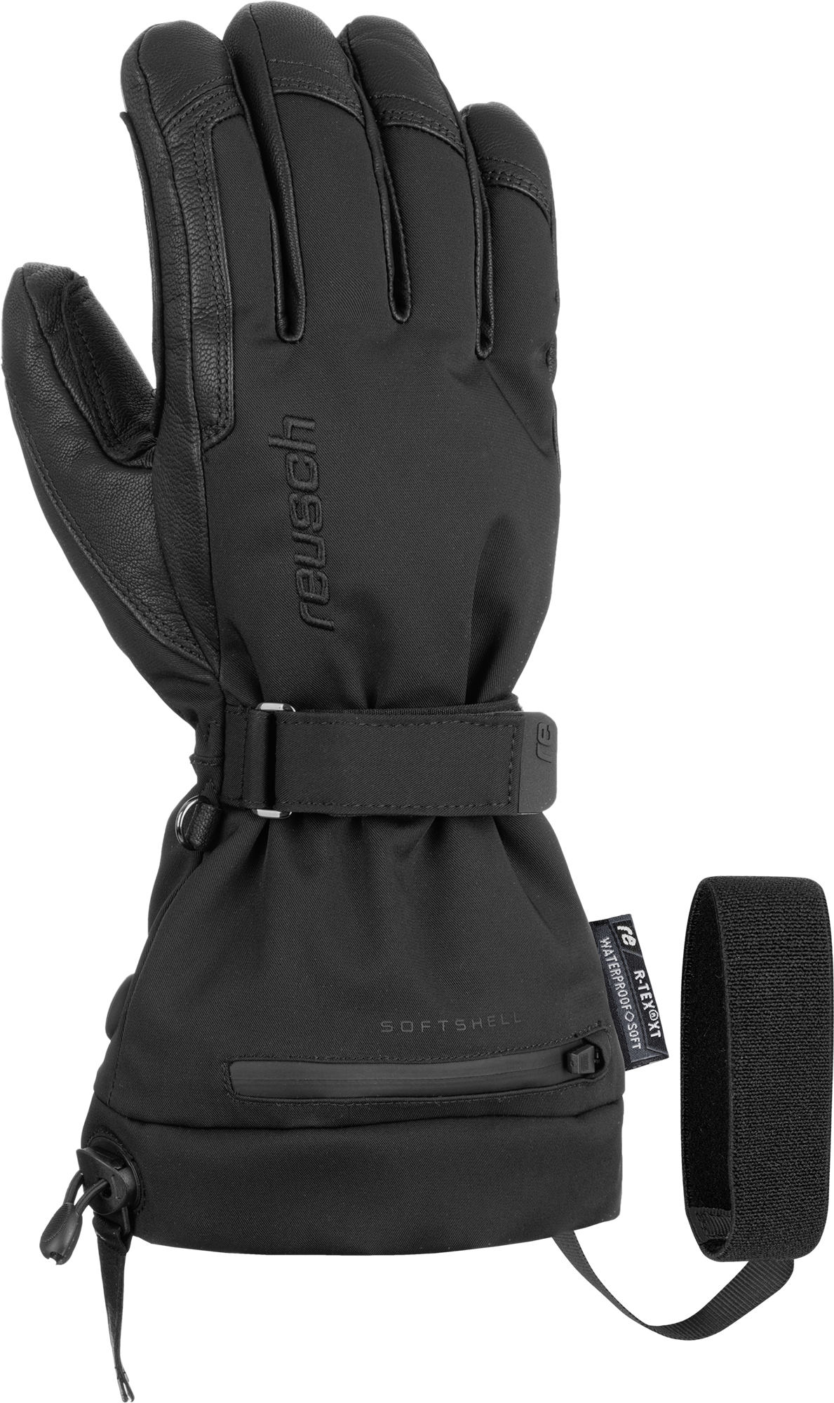 Schwarzer Skihandschuh Schwarzer Reusch Instant Heat r-tex XT Skihandschuh mit Lederdetails und einem zusätzlichen schwarzen Klettband.