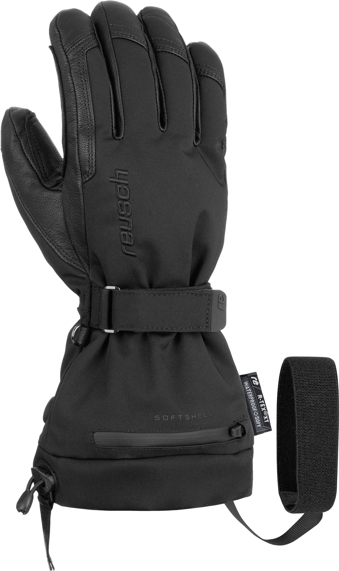 Schwarzer Reusch Instant Heat r-tex XT Skihandschuh mit Lederdetails und einem zusätzlichen schwarzen Klettband.