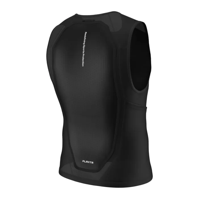 Schwarze, ärmellose Schutzweste für Sport mit Netzstruktur und Aufdruck "Redefining Sports Protection". FLAXTR ist am unteren Rücken sichtbar.