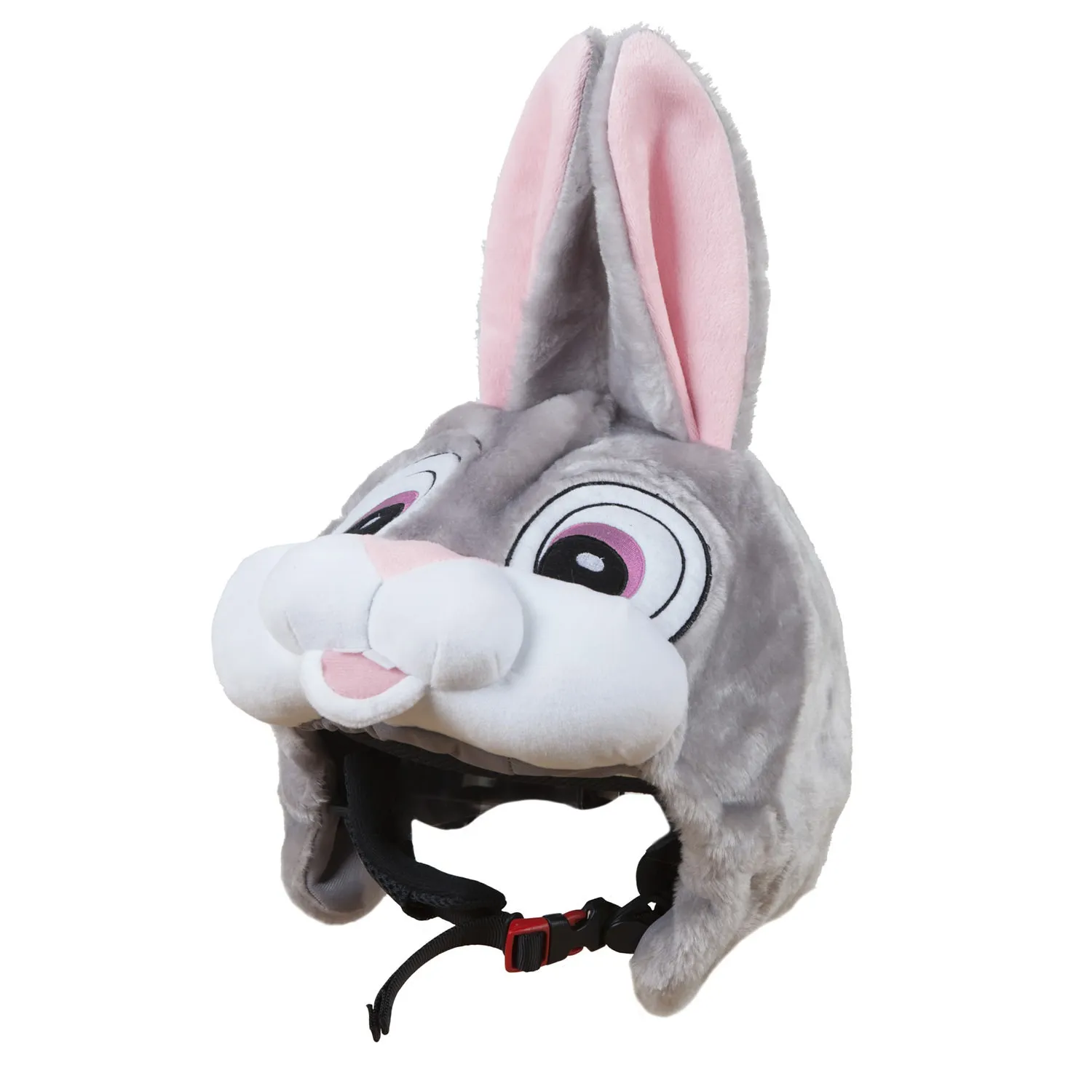 Grauer Skihelm Bezug mit Kaninchengesicht und langen Ohren, rote Schnalle.