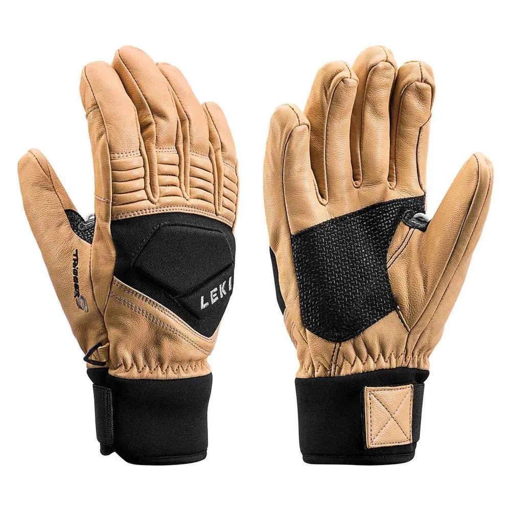 Zwei Leki Progressiv Copper S Handschuhe in braunem Leder und schwarzem Stoff, Handinnenflächen nach vorne, isoliert auf weißem Grund.