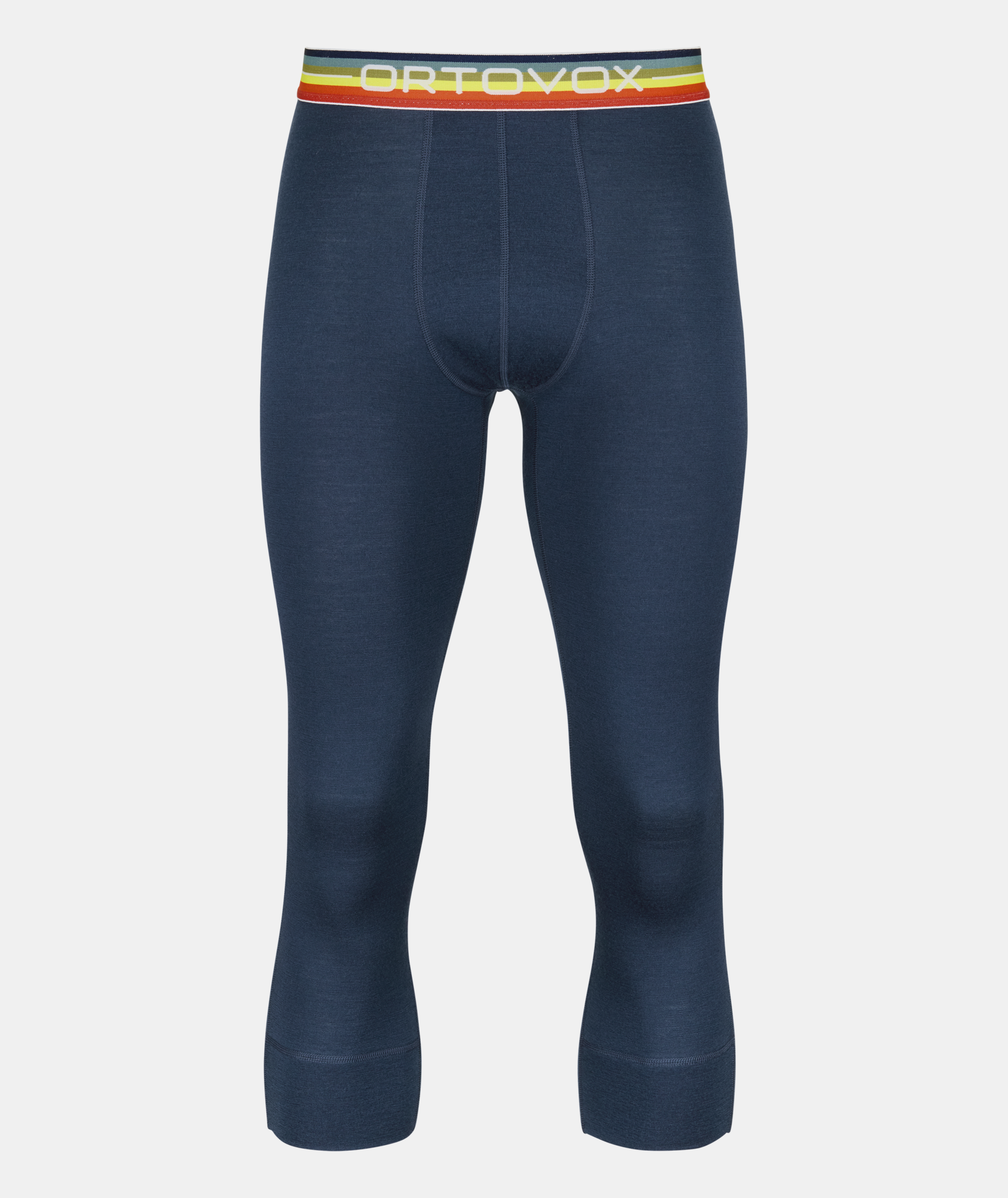 Blaue 3/4 lange ROCK'N'WOOL Hose mit einem bunten Bund mit dem Schriftzug ORTOVOX.