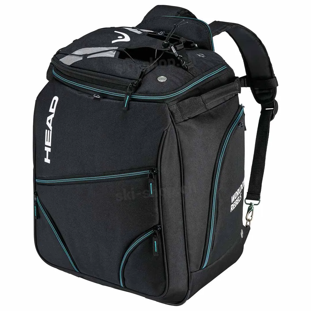 Schwarze Head Heatable Bootbag mit blaugrünen Akzenten und Rucksackgurten.