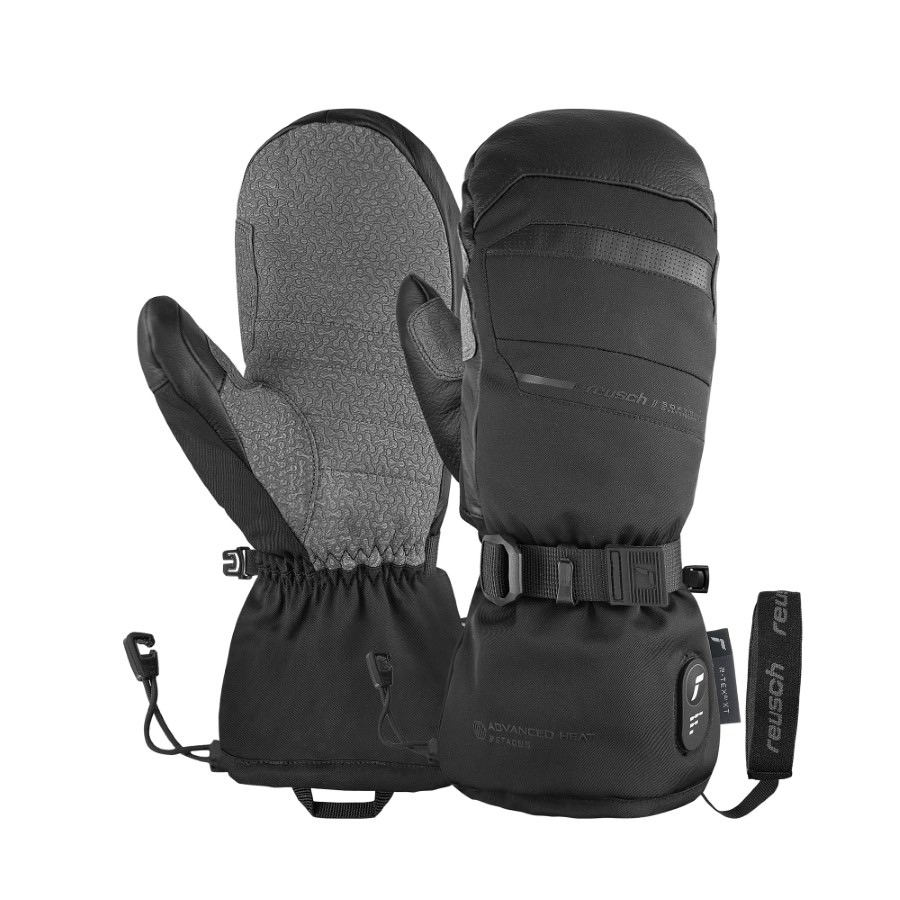Schwarze Reusch Advanced Heat R-TEX XT Mitten mit grauer Handfläche und verstellbarem Riemen.
