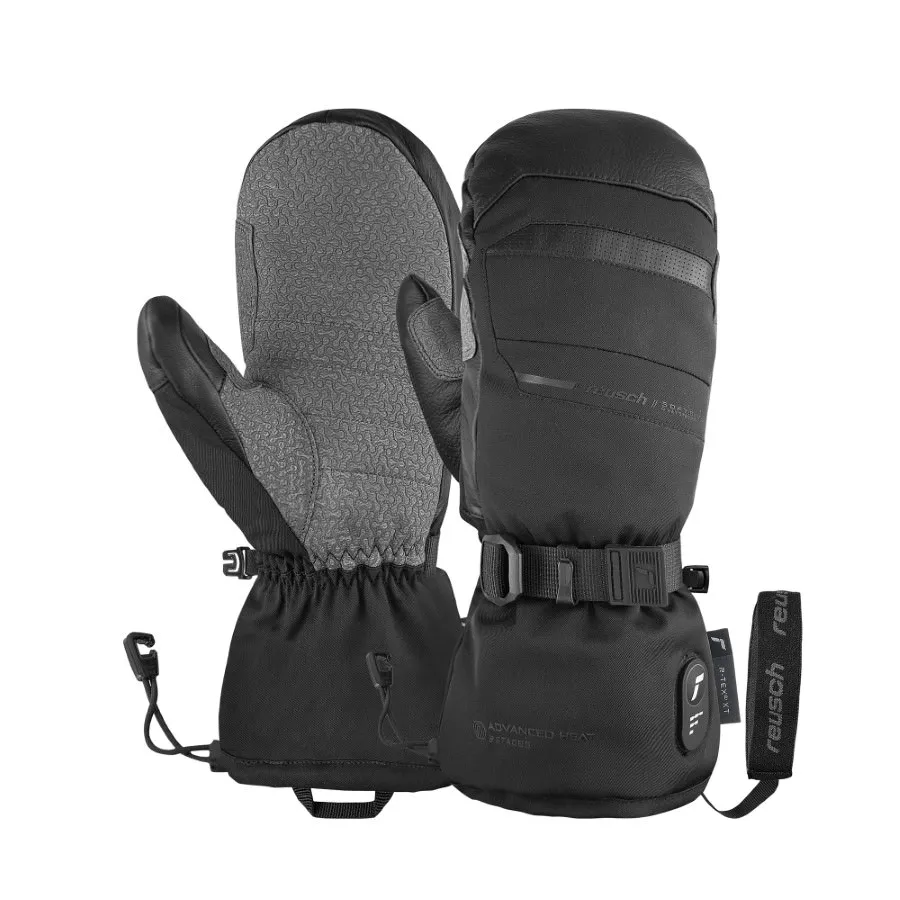 Schwarze Reusch Advanced Heat R-TEX XT Mitten mit grauer Handfläche und verstellbarem Riemen.