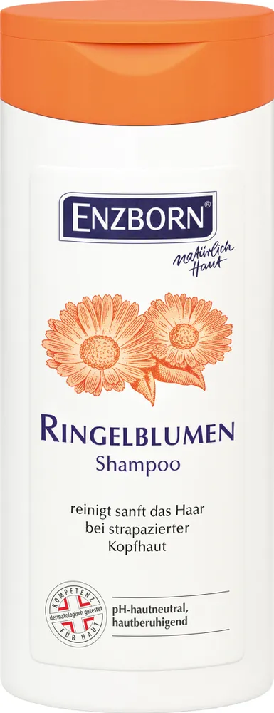 Weiße Shampoo-Flasche mit orangem Deckel und Ringelblumen-Motiv auf dem Etikett.