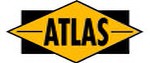 Gelbes, rautenförmiges Logo mit schwarzer Schrift "ATLAS", horizontal umrandet, auf einem schwarzen, rechteckigen Hintergrund.