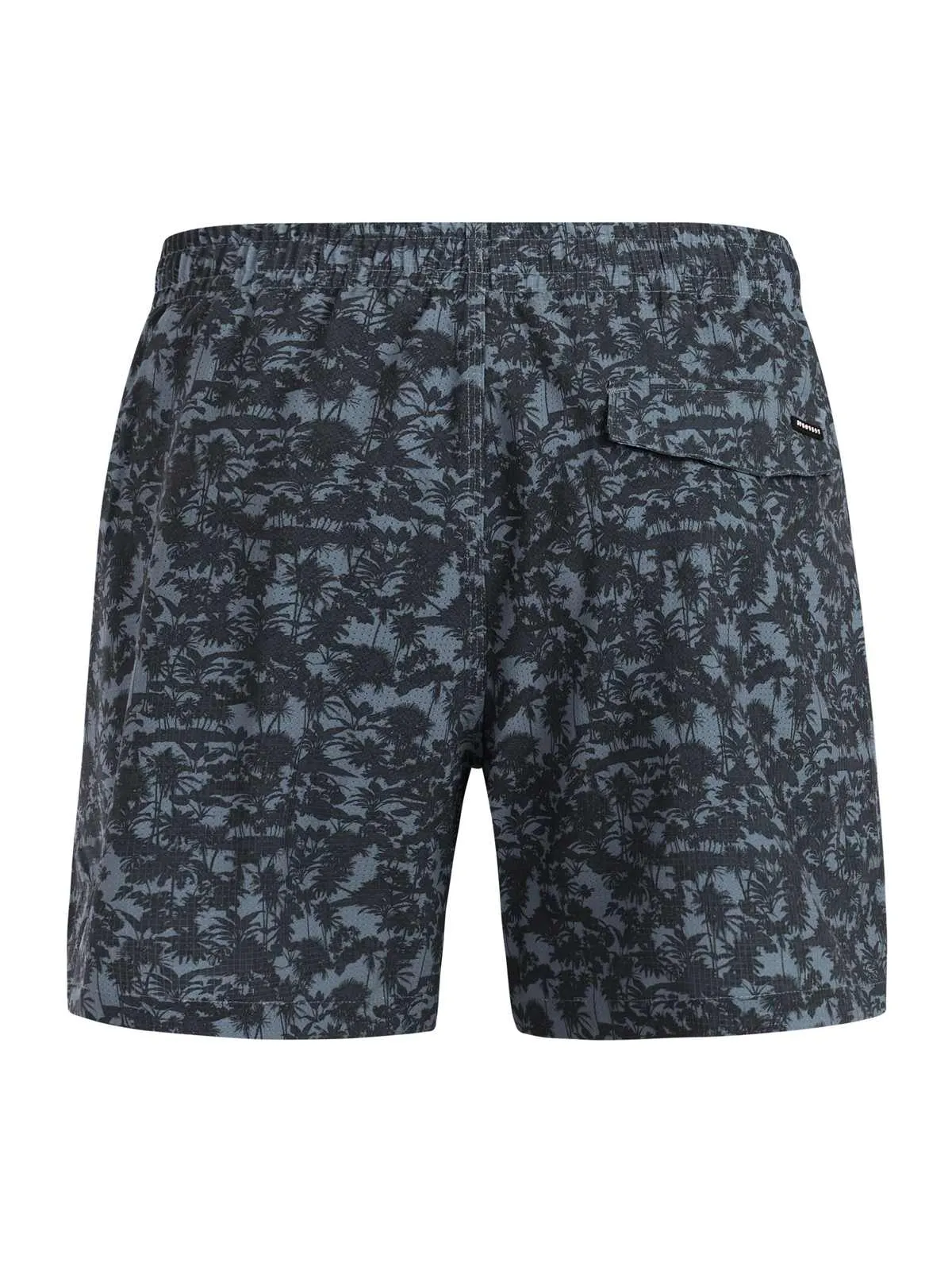 Badeshorts, von hinten, mit Palmenmuster in dunklen Tönen auf hellblauem Grund und elastischem Bund.