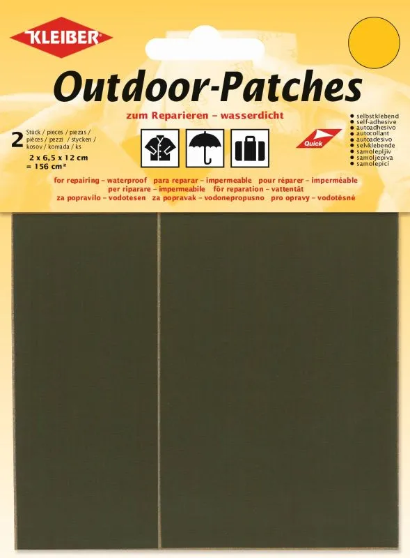 Verpackung mit zwei olivgrünen Outdoor-Patches. Text und Symbole weisen auf Wasserdichtigkeit und Selbstklebefunktion hin.