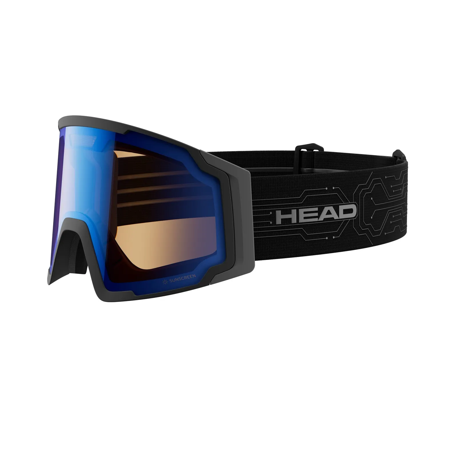 Skibrille Head NEVES SUNSCREEN mit blau-orangefarbener, zylindrischer Doppelscheibe und breitem, schwarzen Brillenband.