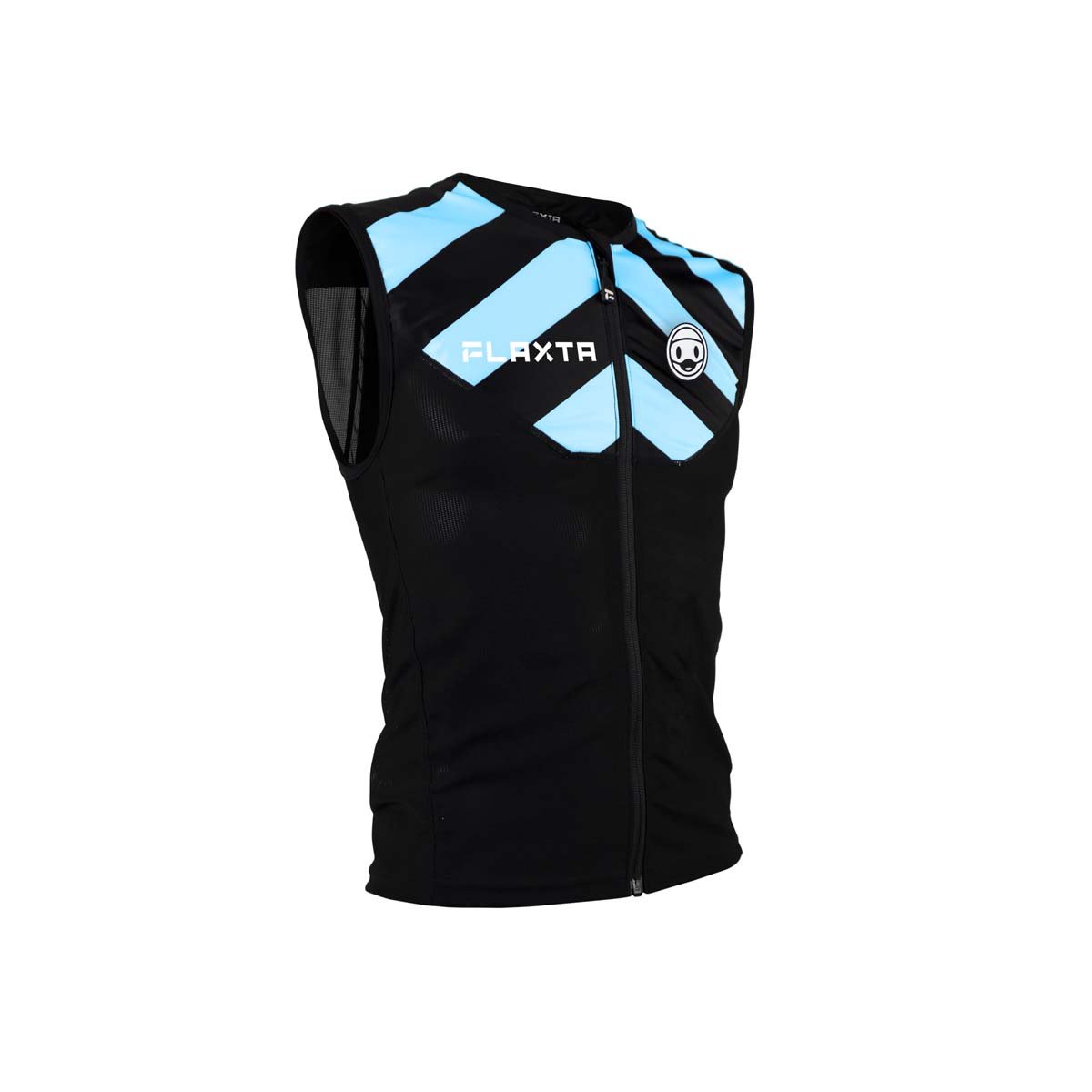 Schwarze Behold Junior Schutzweste mit hellblauen Akzenten und Reißverschluss, seitlich Netzeinsatz.