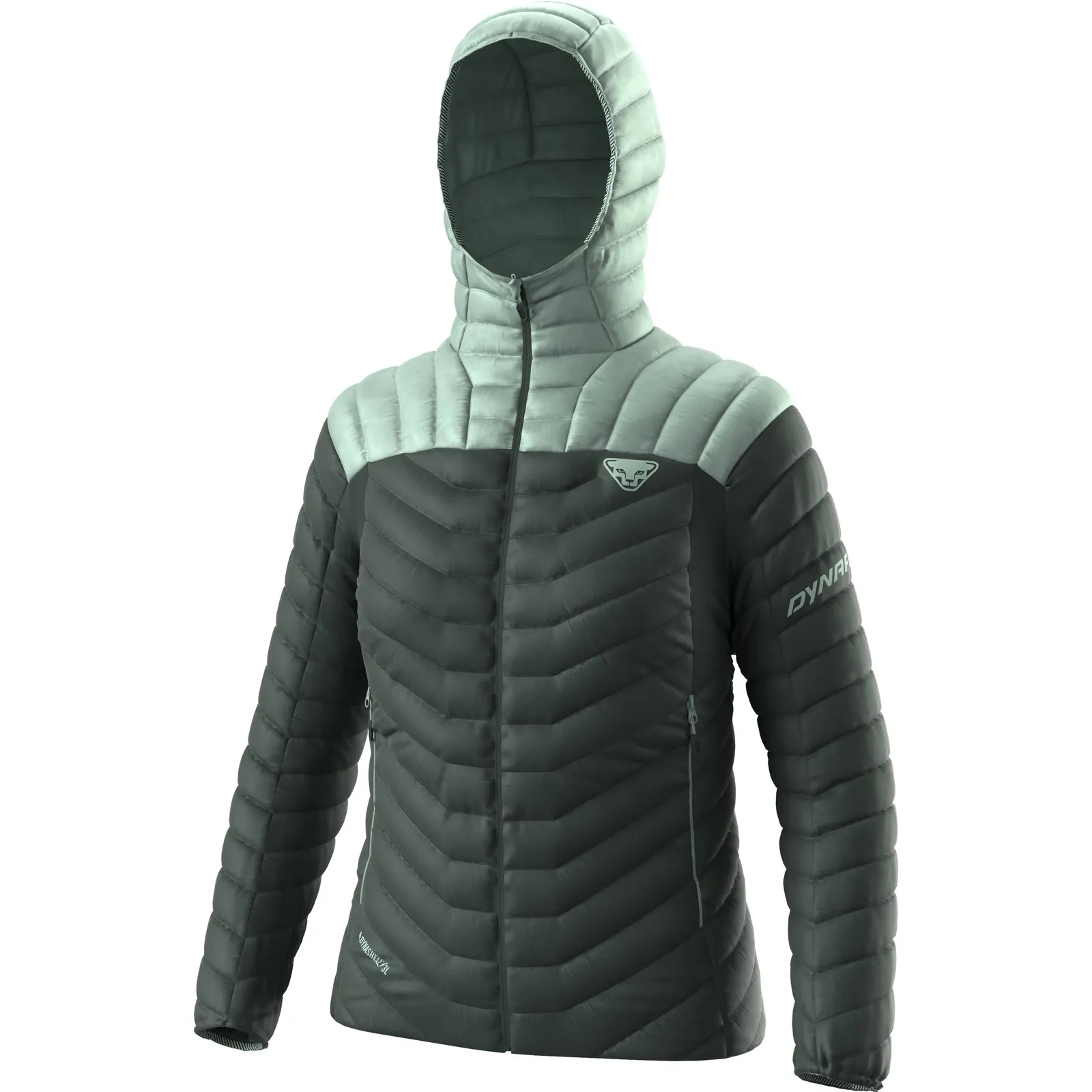 Steppjacke mit Kapuze, Dynafit Ridge Ultralight Daunenjacke für Damen, grün-grau, Reißverschluss.