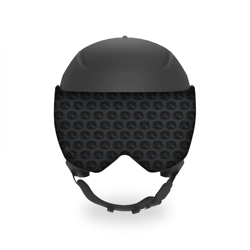 Schwarzer Helm mit Visor Frontansicht eines schwarzen Helms mit Visor-Schutz, gemustert mit stilisiertem Logo.