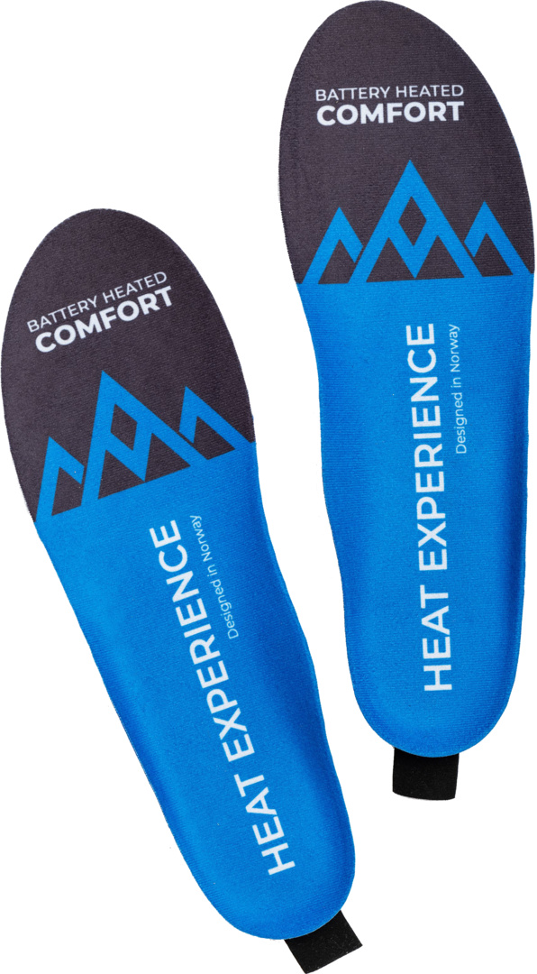 Zwei blaue beheizbare Einlegesohlen mit Aufschrift "HEAT EXPERIENCE" und Bergmotiv, kabelloses Laden, für warme Füße.