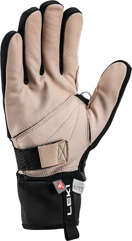 Detailaufnahme: Leki PRC Premium Thermoplus Shark Handschuh, Handinnenfläche aus Leder, Handrücken schwarz, Manschette mit Logos.