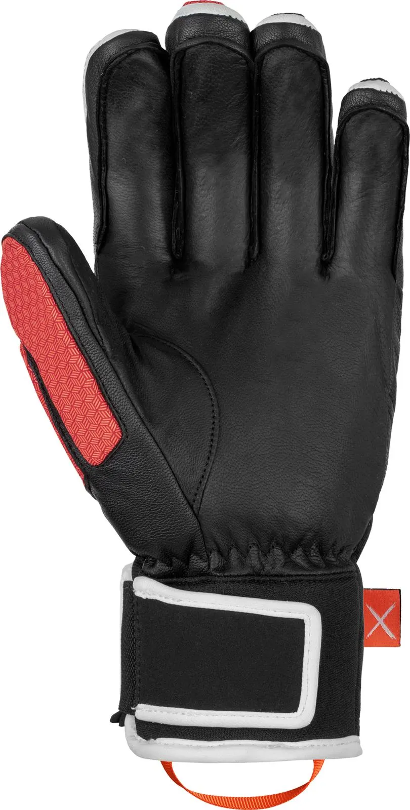 Schwarzer Reusch Worldcup Warrior DH Rennhandschuh, Handflächenansicht mit roter Daumenpolsterung und weiß-schwarzem Handgelenksverschluss.