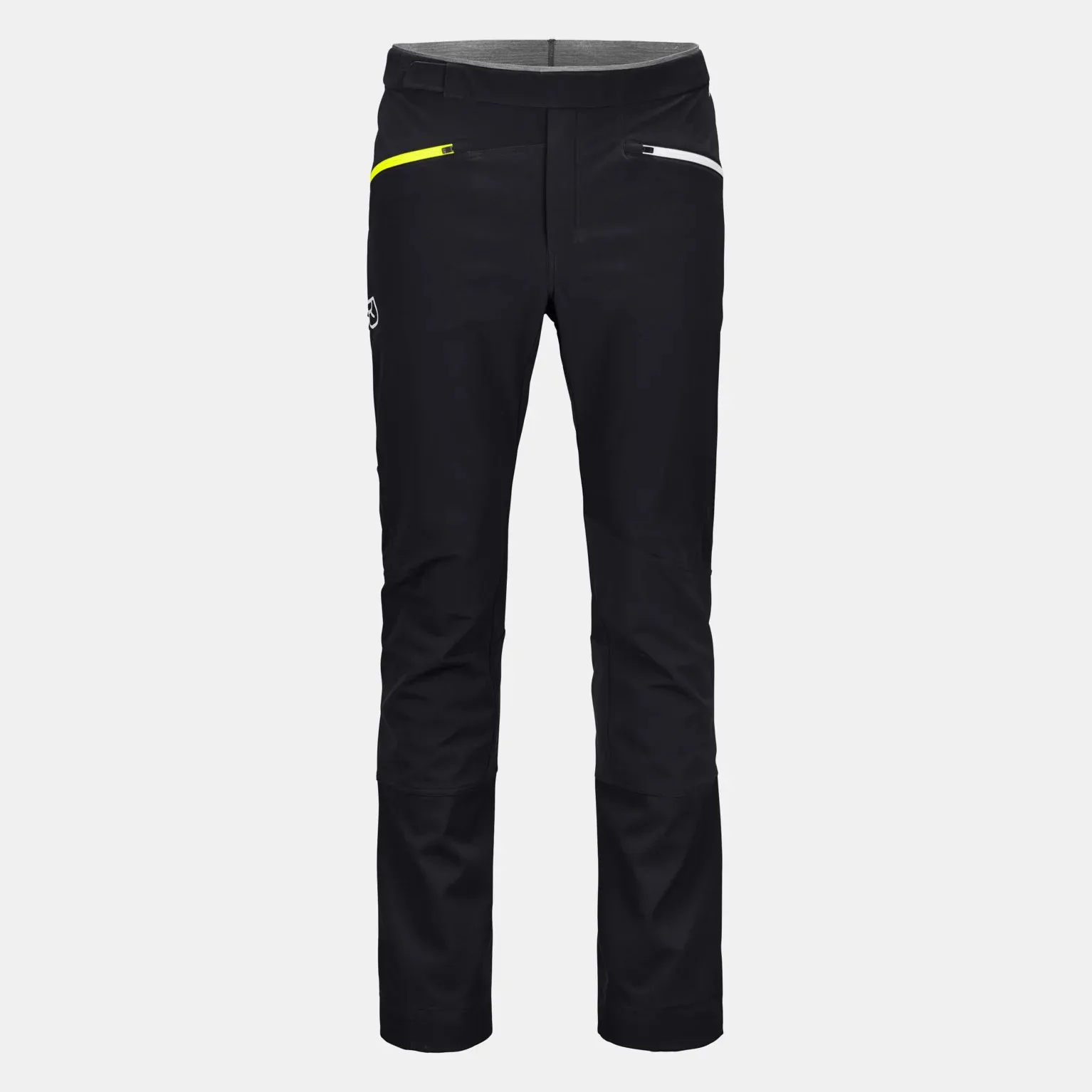 Schwarze COL BECCHEI Pants für Herren, mit Reißverschlusstaschen in Gelb und Weiß. Skitourenhose mit vorgeformten Kniebereichen.