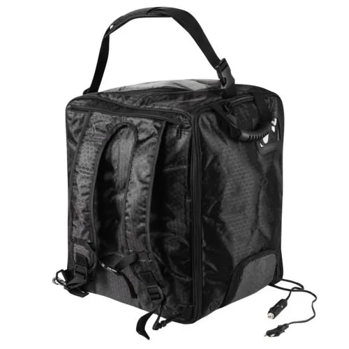 Schwarze Bootdoc Ski Boot Bag Heiztasche mit Tragegriff und Rucksackgurten, inklusive 12V Autoadapter.