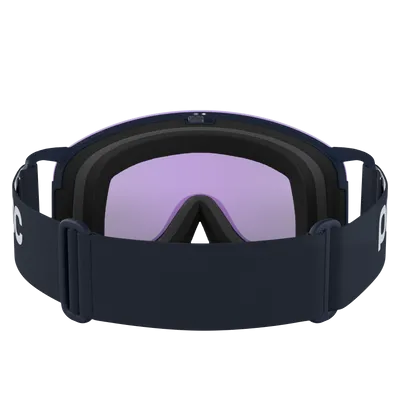 Skibrille von hinten, mit blauem Band, helllila Glas und schwarzer Polsterung.