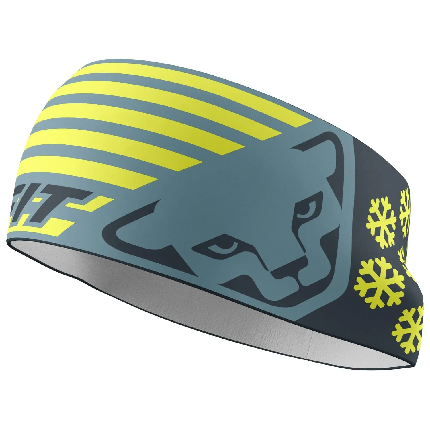 Stirnband mit gelben Streifen, Katzenkopf und Schneeflocken auf blau-grauem Hintergrund.