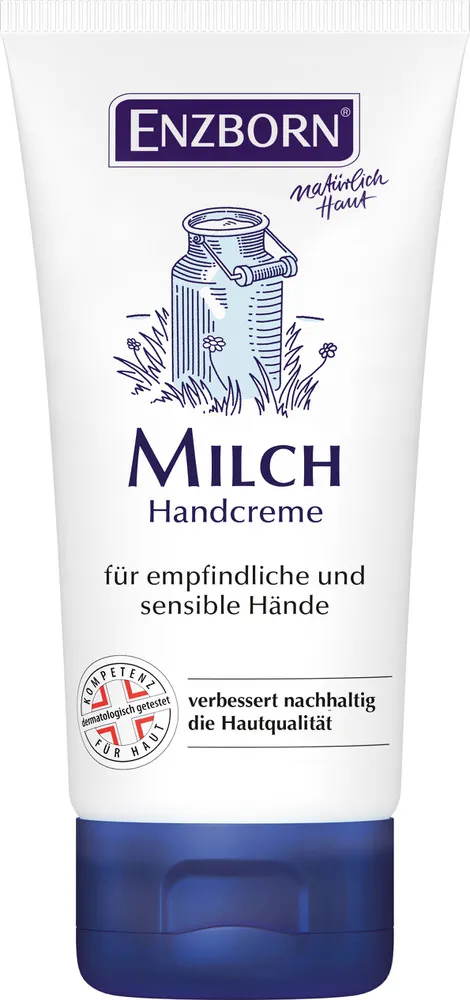 Weiße Tube Milch Handcreme mit blauem Deckel und Illustration einer Milchkanne.