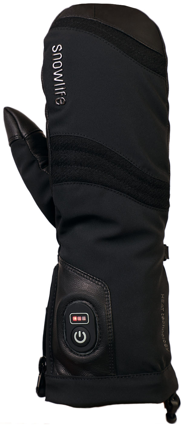 Schwarze Heiz-Mitten Damen Schwarzer Heat DT Mitten Lady Handschuh, seitliche Ansicht. Sichtbares Bedienfeld für Heizstufen.
