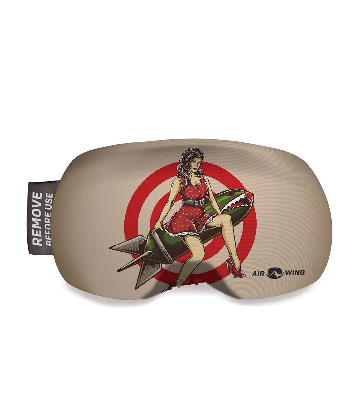 Airwing-Pinup Skibrillen-Hülle Airwing-Pinup Schutzhülle für Skibrillen mit einer Frau auf einer Bombe vor einer Zielscheibe.