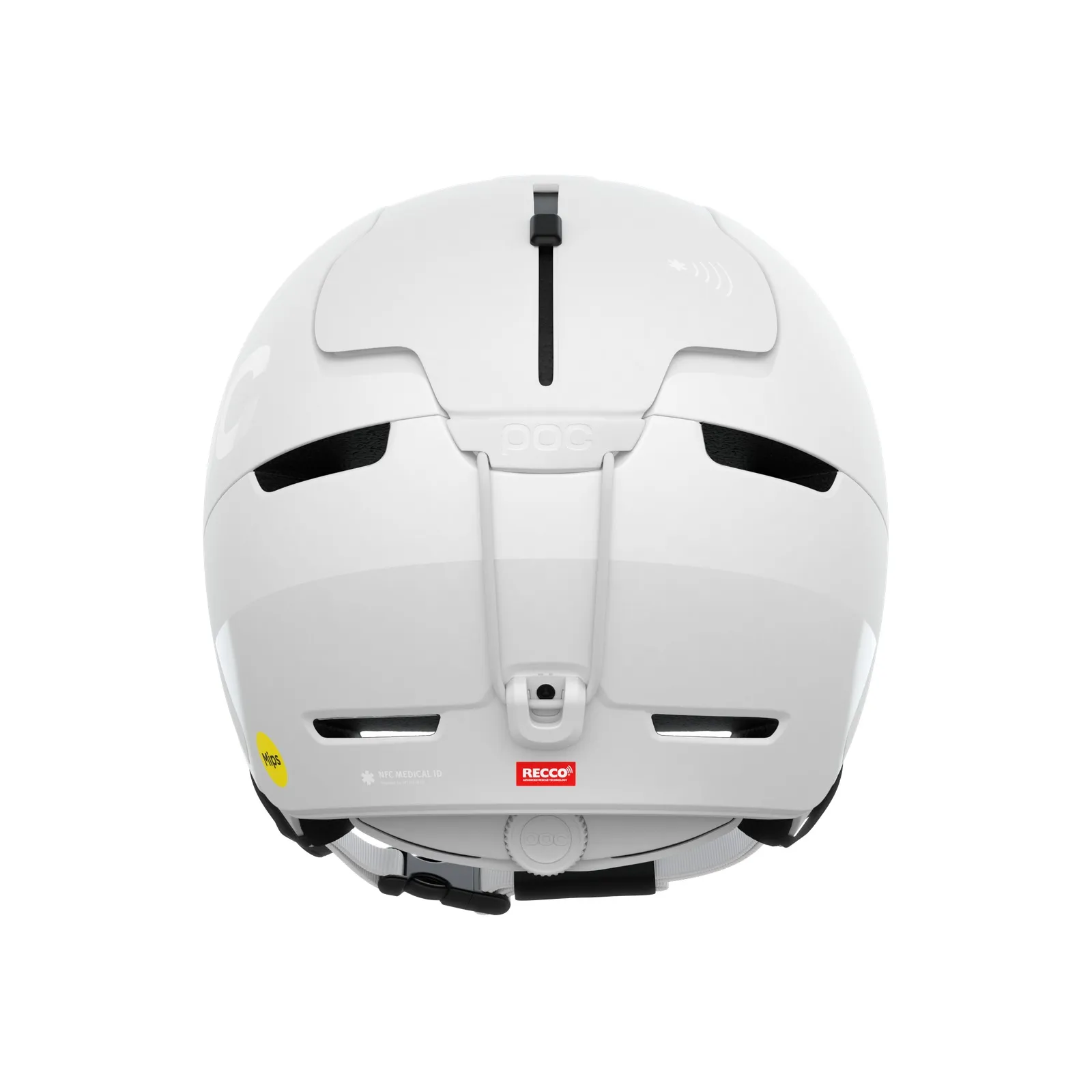 Rückansicht des weißen POC Obex BC MIPS Helms mit Belüftungsschlitzen, MIPS-Logo und RECCO-Reflektor.