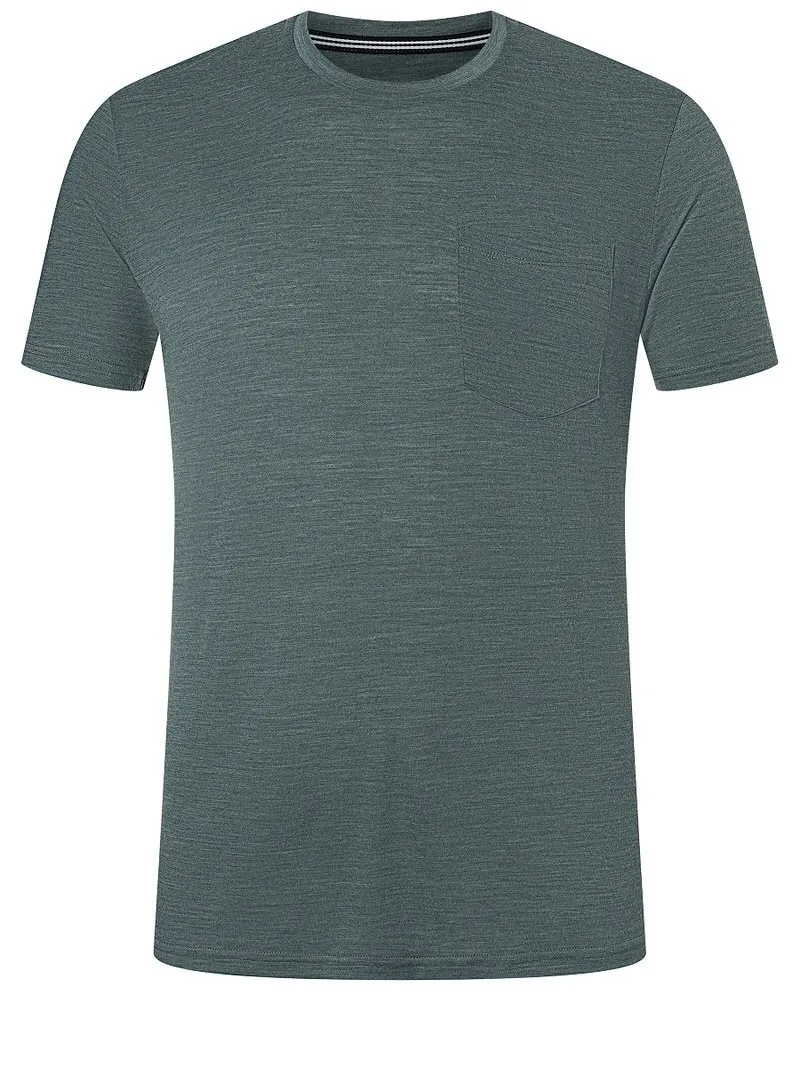 Graues Super.Natural Men City TEE mit Brusttasche, Rundhalsausschnitt und kurzen Ärmeln.