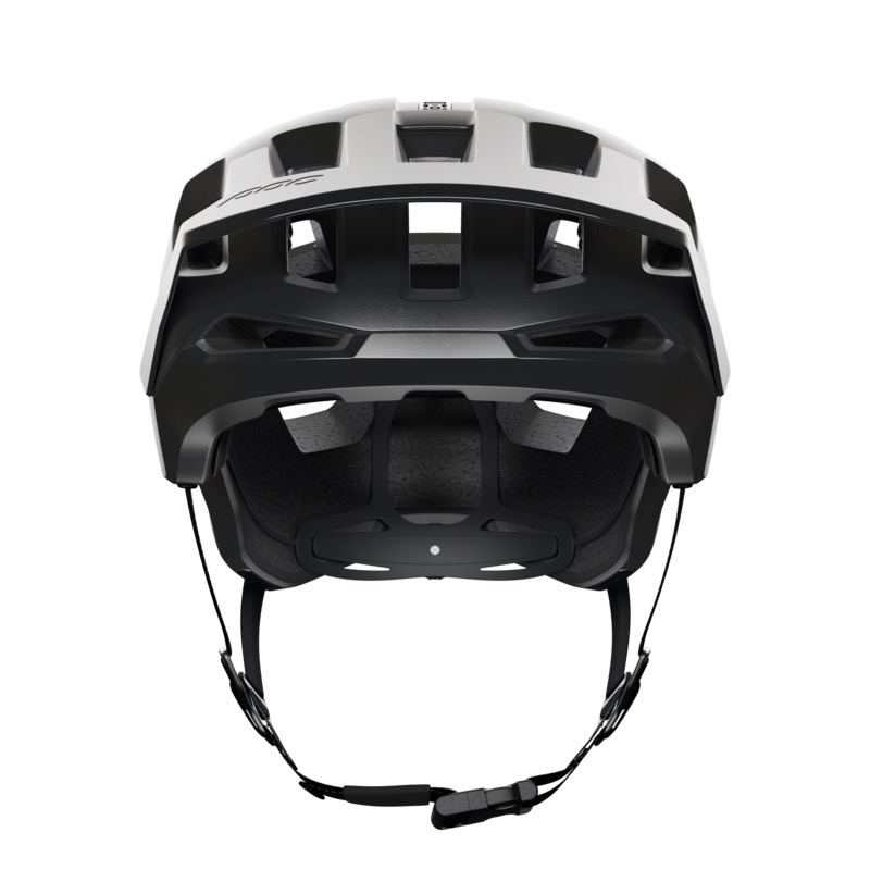 Schwarzer POC Kortal Helm Schwarzer/weißer POC Kortal Helm von hinten, mit Belüftungslöchern und verstellbarem Riemen.