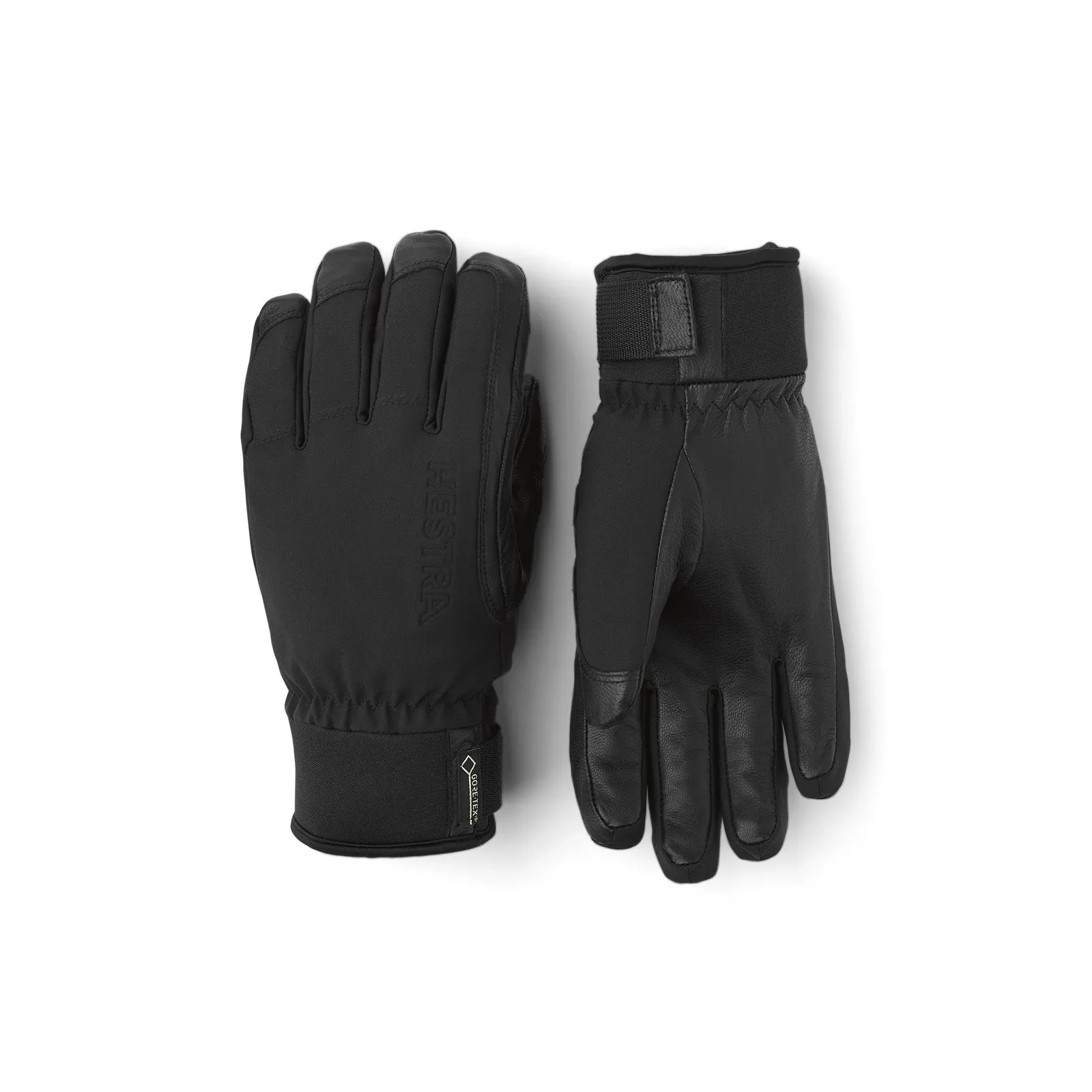 Zwei schwarze Lederhandschuhe liegen nebeneinander auf einem weißen Hintergrund. Einer zeigt die Handfläche, der andere den Handrücken.